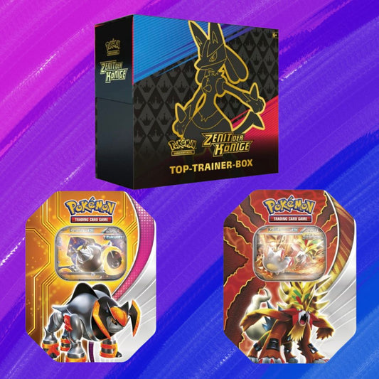 Kombiangebot: Pokémon TCG: Zenit der Könige - Top Trainer Box (DE) + Paradox Schicksale - Eisenfels Ex - Tin Box (DE) + Paradox Schicksale - Keilflamme Ex - Tin Box (DE)