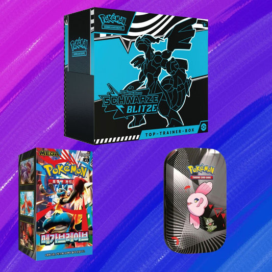 Kombiangebot: Pokémon TCG: Schwarze Blitze - Top Trainer Box / Mega Brave - Display / Black Bolt & White Flare - Mini Tin - Zufällig